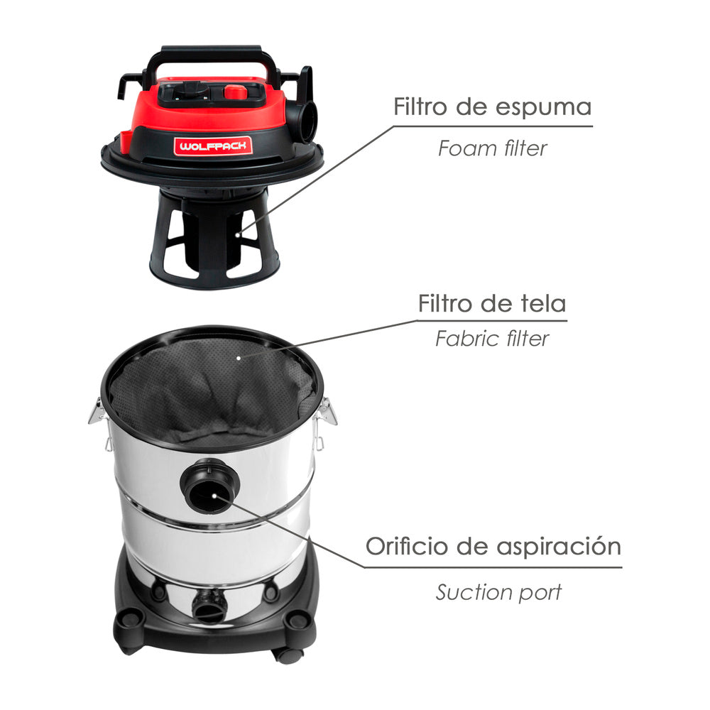 Aspirador inoxidable 30 litros / 1400 watt. Interruptor sincronizado.