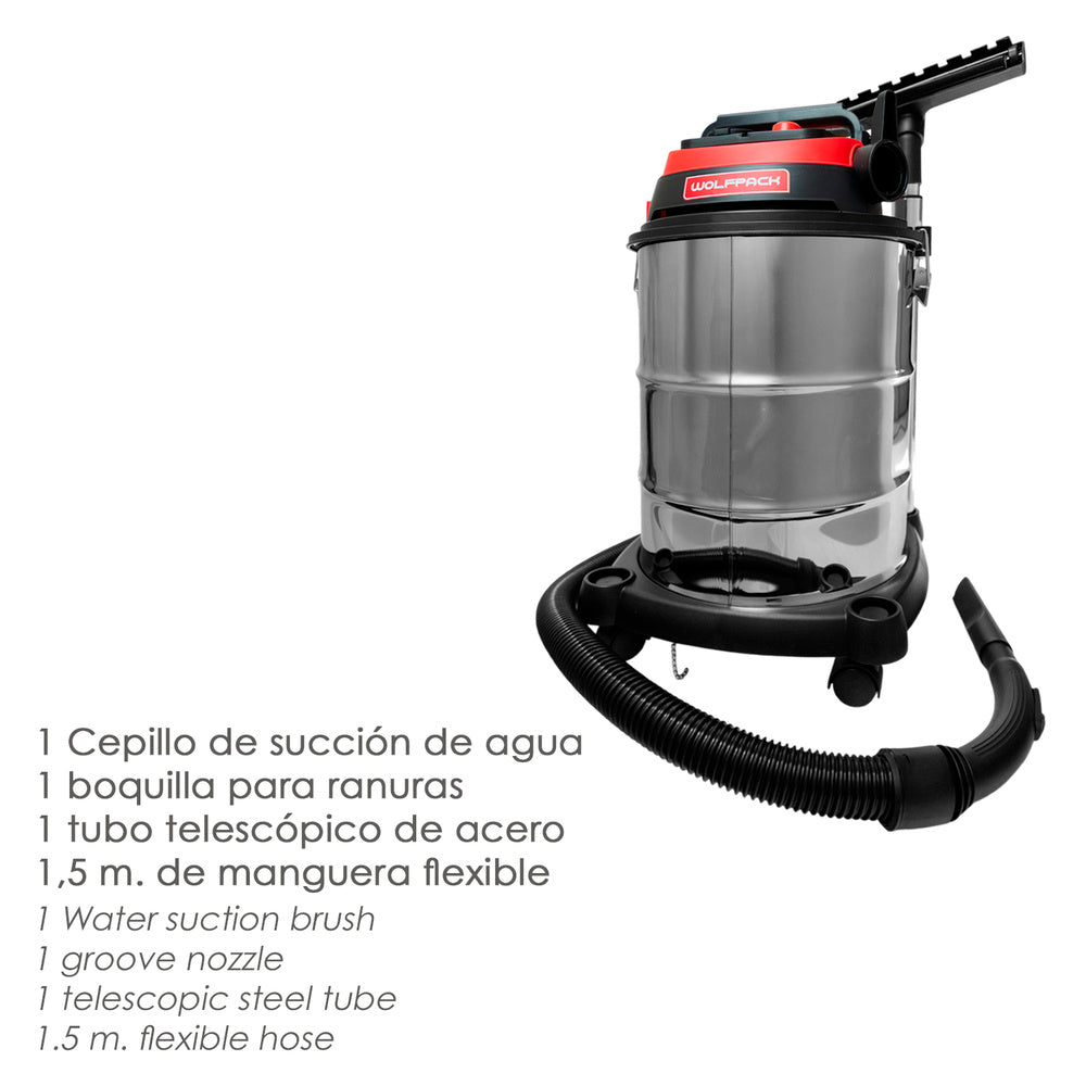 Aspirador inoxidable 30 litros / 1400 watt. Interruptor sincronizado.