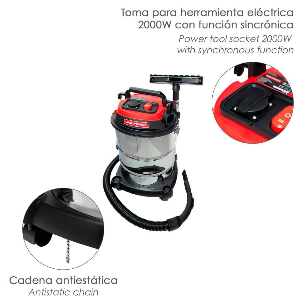 Stainless steel vacuum cleaner 30 liters / 1400 watts. Synchronized switch.