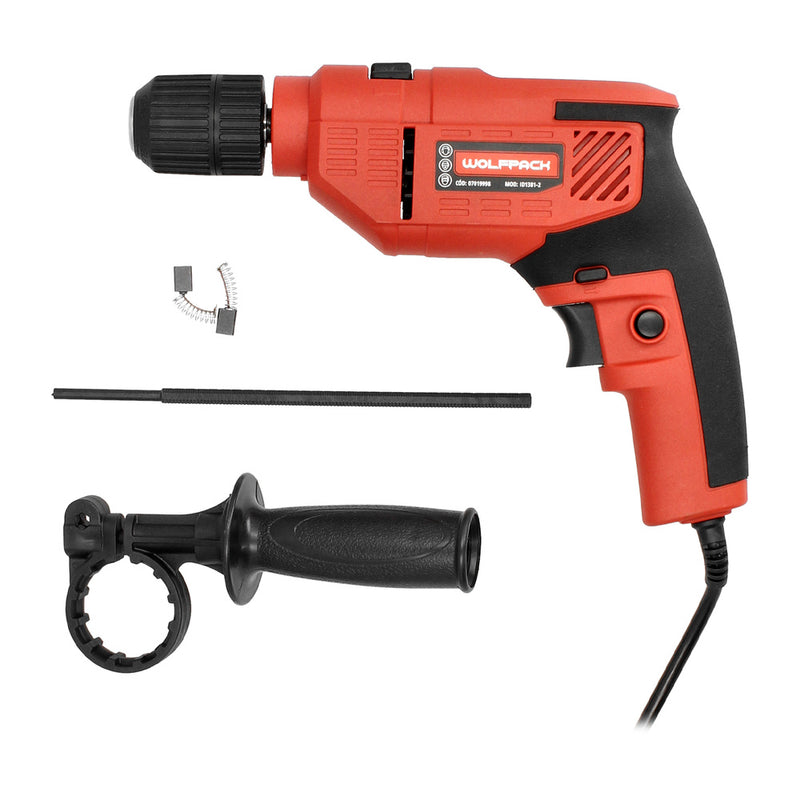 Taladro percutor 550 watt 13 mm. con variador de velocidad. incluye empuñadura y guia metalica