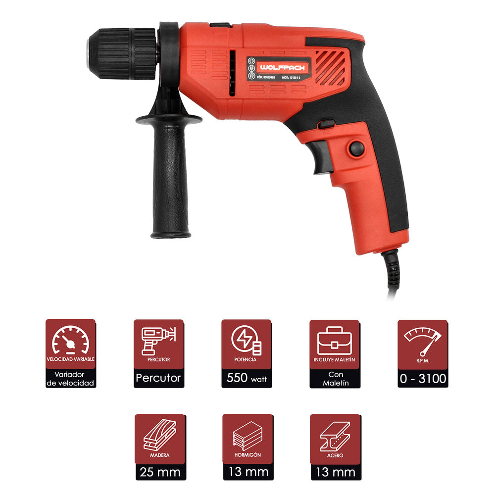 Taladro percutor 550 watt 13 mm con variador de velocidad. Incluye empuñadura y guía metálica.