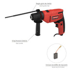 Taladro percutor 550 watt 13 mm con variador de velocidad. Incluye empuñadura y guía metálica.