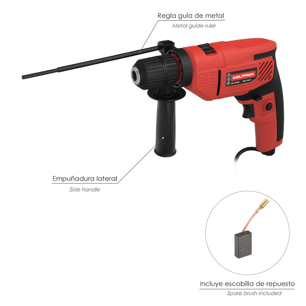 550W 13mm hammer drill with variable speed. Includes handle and metal depth gauge.