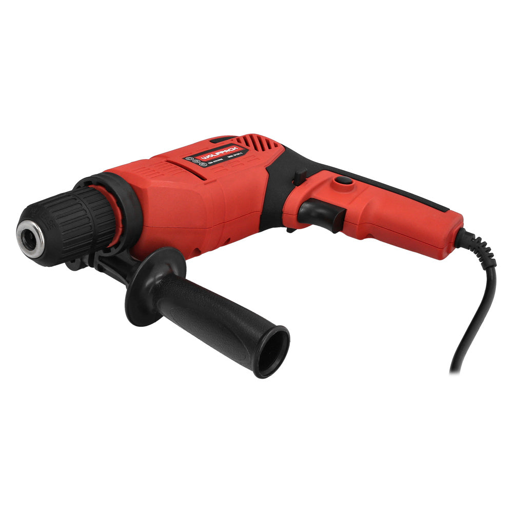 550W 13mm hammer drill with variable speed. Includes handle and metal depth gauge.