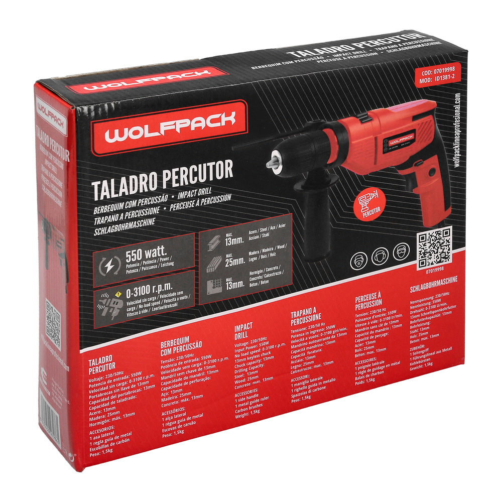 550W 13mm hammer drill with variable speed. Includes handle and metal depth gauge.