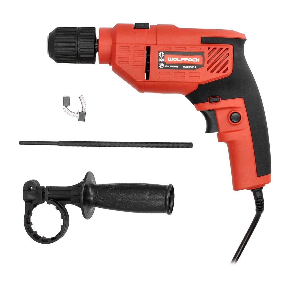 Taladro percutor 550 watt 13 mm con variador de velocidad. Incluye empuñadura y guía metálica.