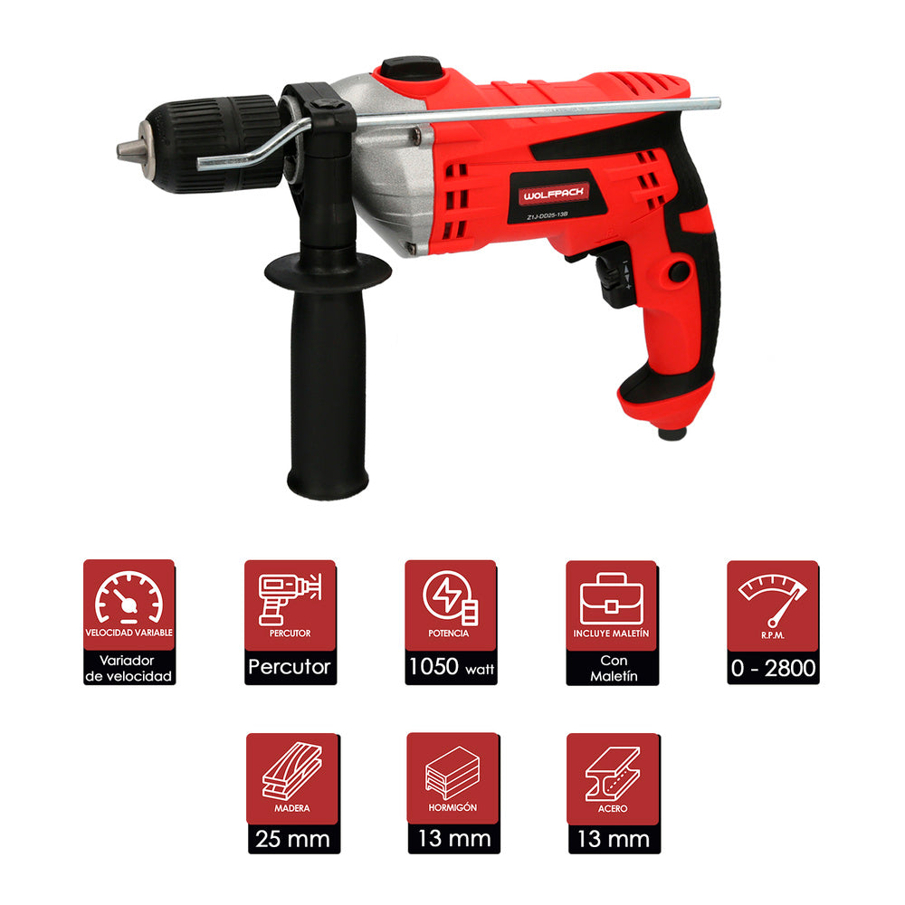 Taladro percutor con variador de velocidad 1050 watt. Incluye maletín, empuñadura y guía metálica.