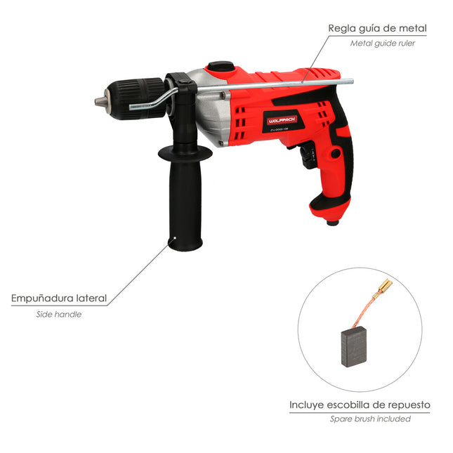 Taladro percutor con variador de velocidad 1050 watt. incluye maletín, empuñadura y guia metalica