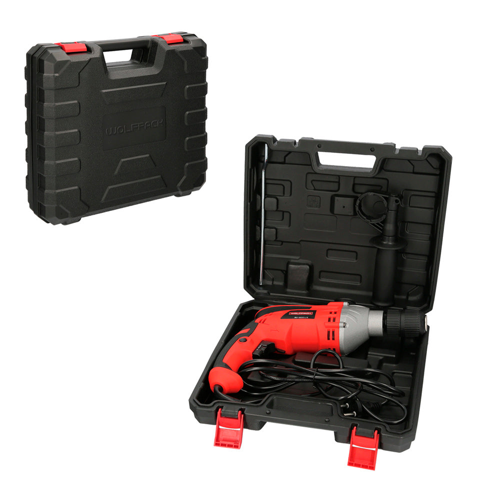 Taladro percutor con variador de velocidad 1050 watt. Incluye maletín, empuñadura y guía metálica.