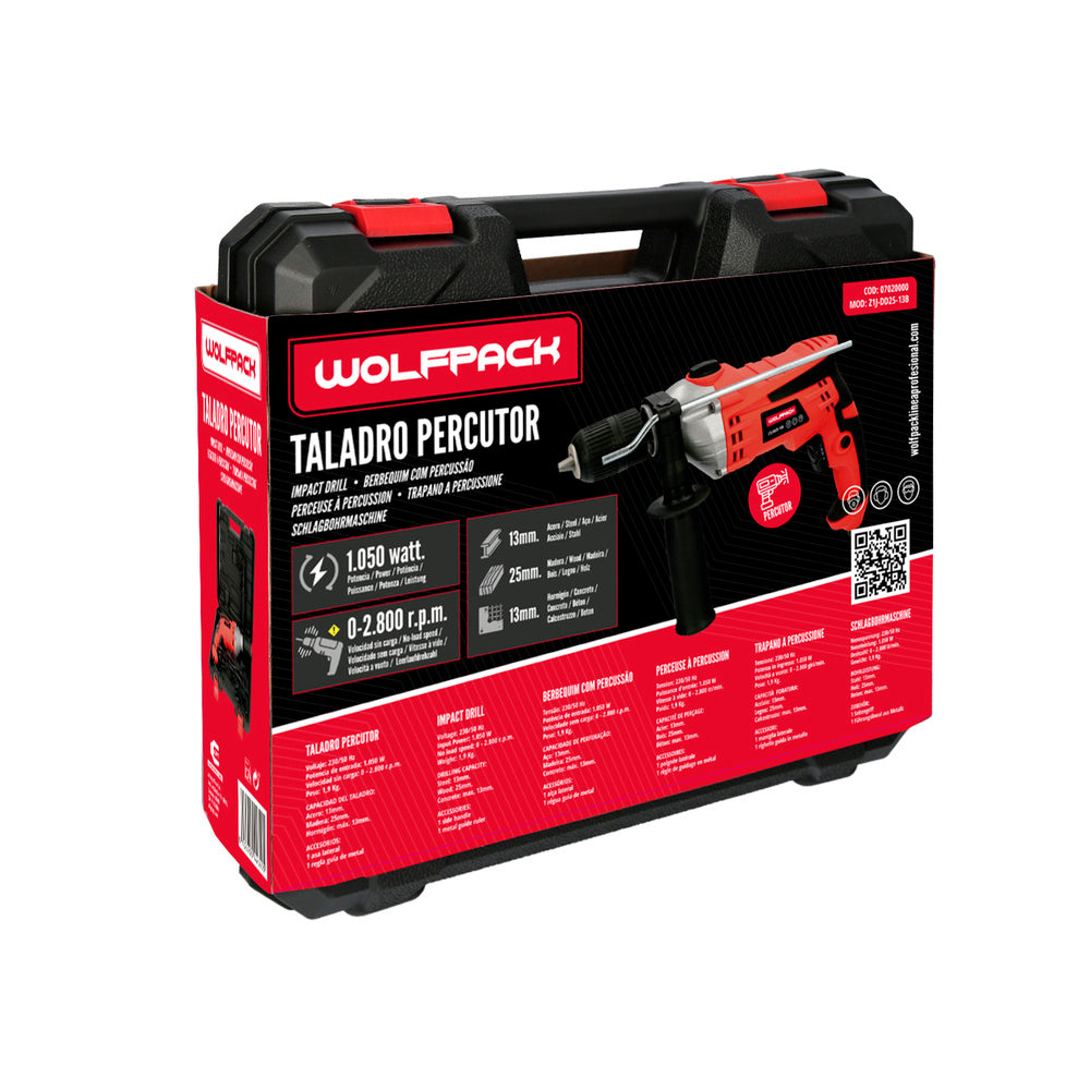 Taladro percutor con variador de velocidad 1050 watt. Incluye maletín, empuñadura y guía metálica.