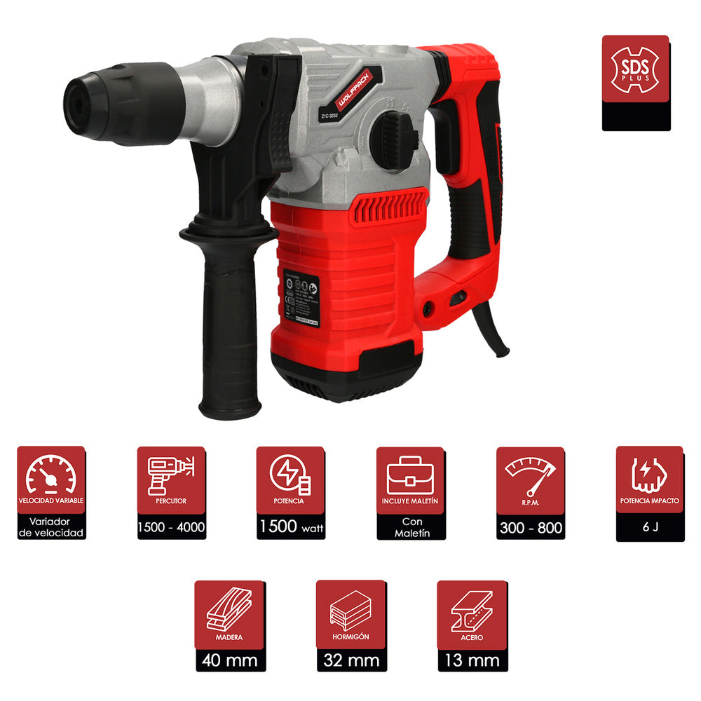 Martillo demoledor perforador sds plus 1.500 watt. Con accesorios y maletin. 4.000 ipm 6 julios.