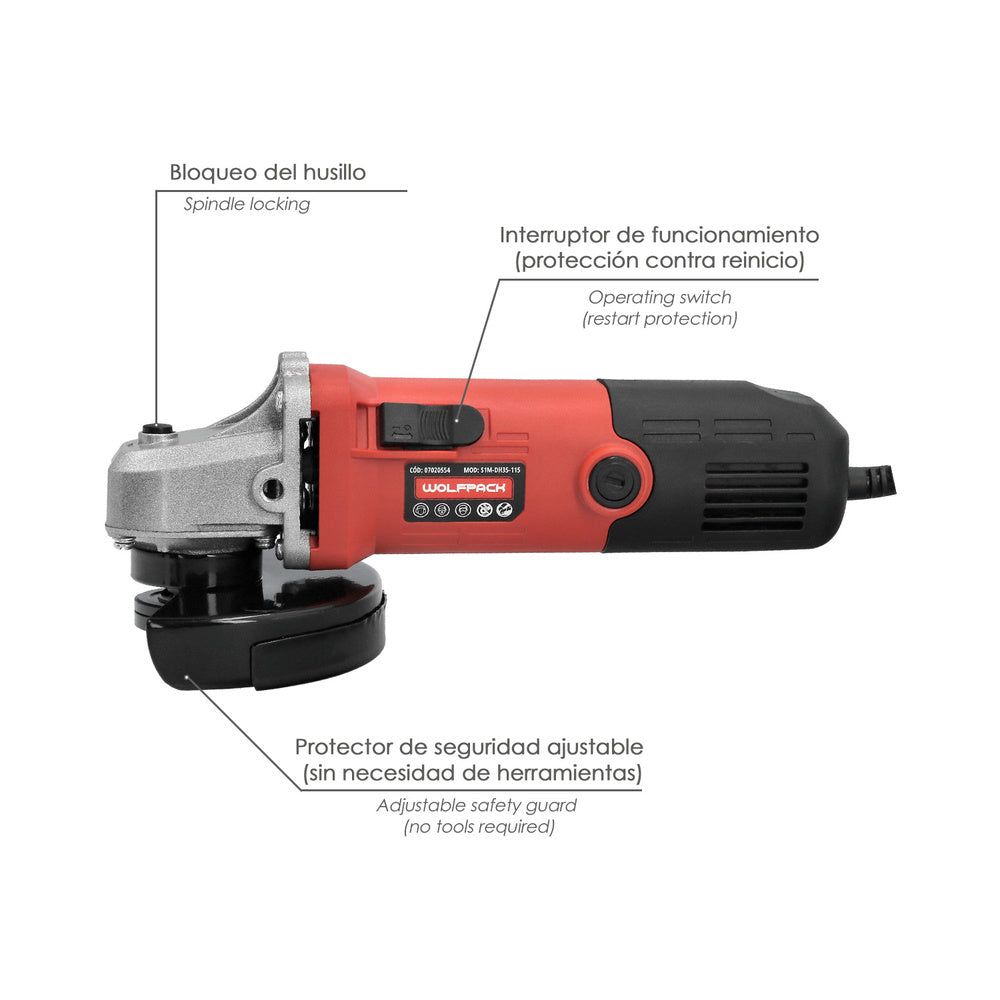 Grinder 500 watt. Ø 115 mm 12,000 r.p.m. M14 spindle, adjustable disc guard, anti-restart function