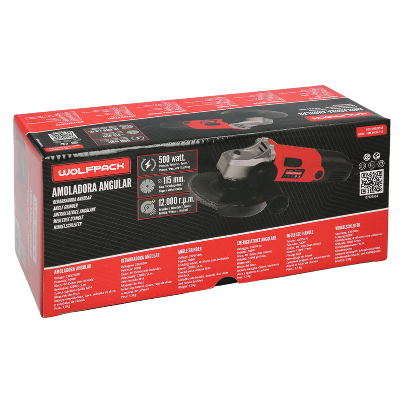 Amoladora 500 watt. ø 115 mm. 12.000 r.p.m. eje M14 protector disco ajustable, anti arranque