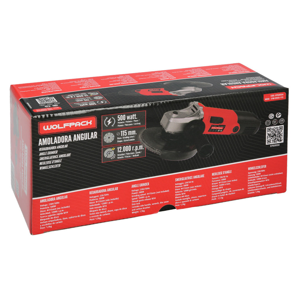 Grinder 500 watt. Ø 115 mm 12,000 r.p.m. M14 spindle, adjustable disc guard, anti-restart function