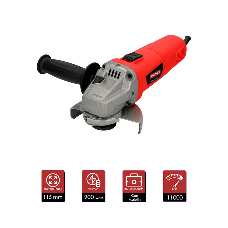 Amoladora angular 900 watt. disco ø 115 mm. 11.000 r.p.m. mango 3 posiciones eje M14 protector disco ajustable, anti arranque