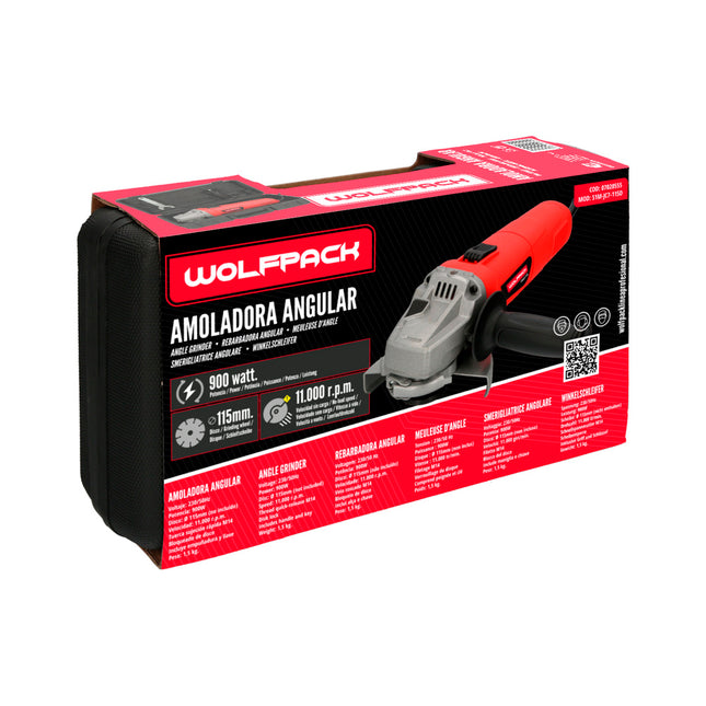 Amoladora angular 900 watt. disco ø 115 mm. 11.000 r.p.m. mango 3 posiciones eje M14 protector disco ajustable, anti arranque