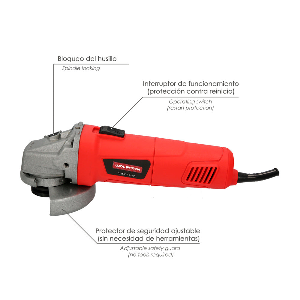 Rebarbadora angular 900 watts. Disco ø 125 mm 11.000 r.p.m. Punho 3 posições eixo m14 proteção de disco ajustável, anti-arranque