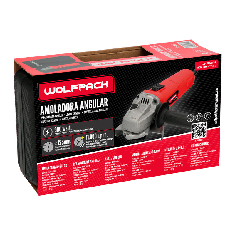 Amoladora angular 900 watt. disco ø 125 mm. 11.000 r.p.m. mango 3 posiciones eje M14 protector disco ajustable, anti arranque