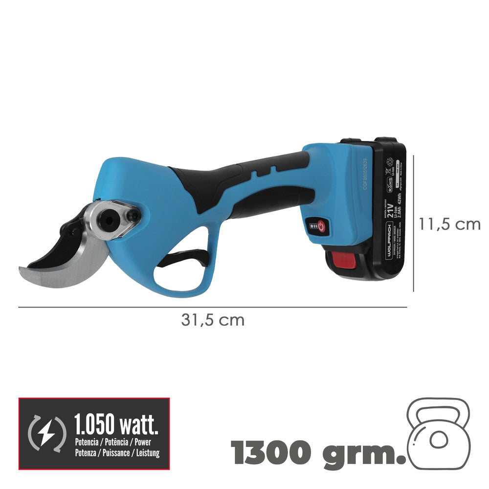 21-volt Cordless Pruning Shears. With 2 batteries, 2 a/h, rubberized handle, 40 mm cutting diameter, with case