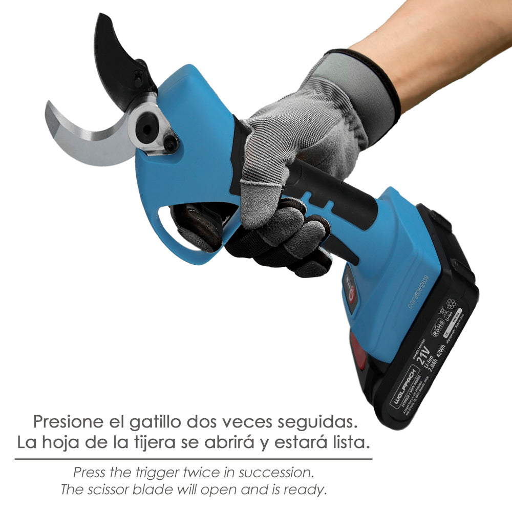 Tijeras podar a batería 21 volt. Con 2 baterías 2 a/h mango engomado, ø corte 40 mm con maletín