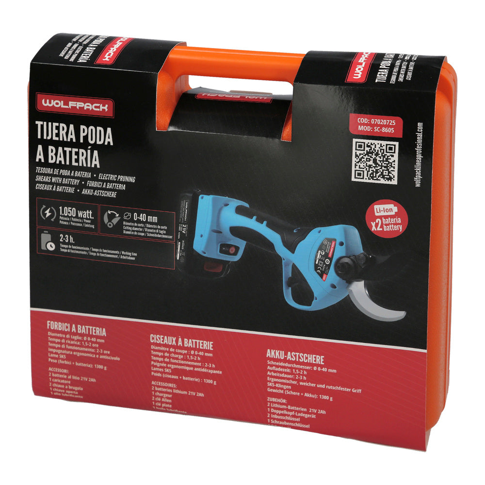 Tijeras podar a batería 21 volt. Con 2 baterías 2 a/h mango engomado, ø corte 40 mm con maletín