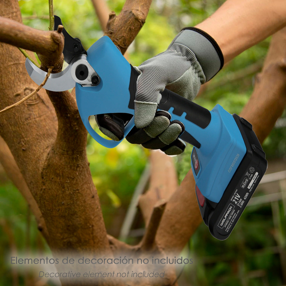Tijeras podar a batería 21 volt. Con 2 baterías 2 a/h mango engomado, ø corte 40 mm con maletín