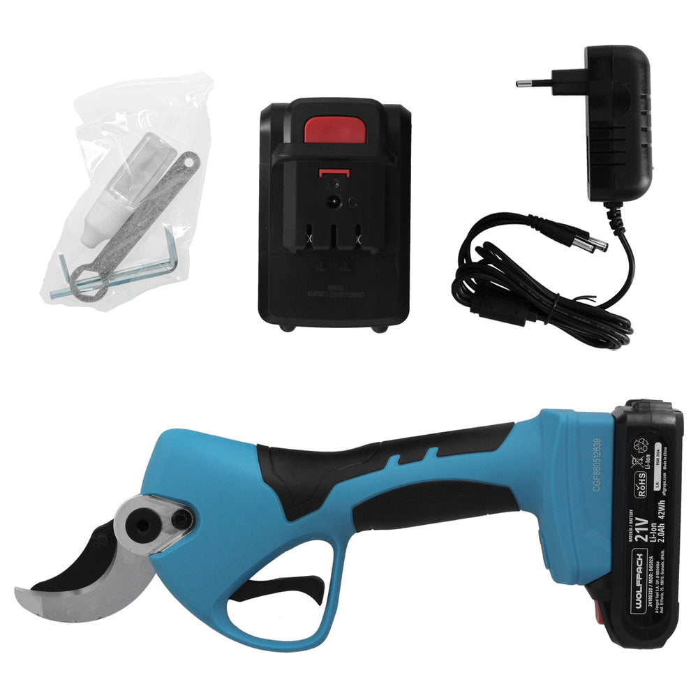 21-volt Cordless Pruning Shears. With 2 batteries, 2 a/h, rubberized handle, 40 mm cutting diameter, with case