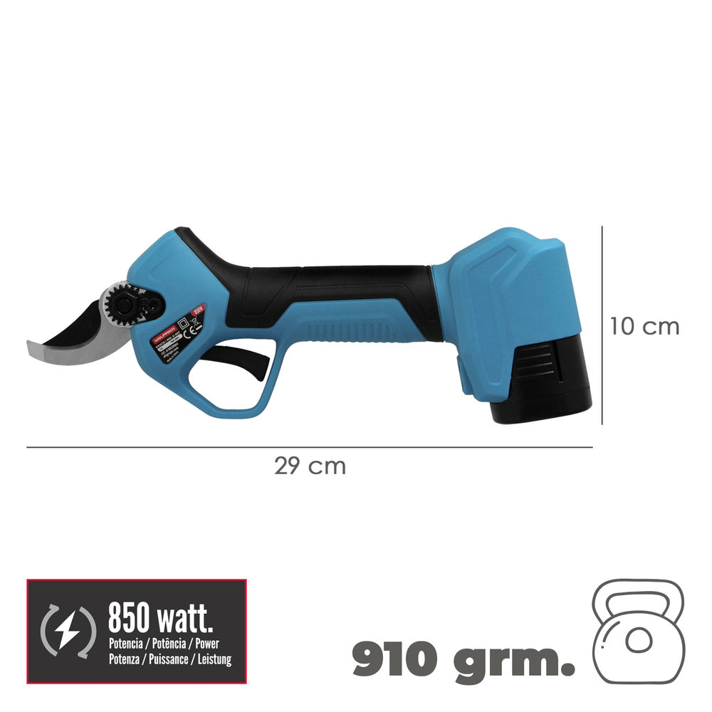16.8-volt battery-powered pruning shears. With 2 2Ah batteries. Rubberized handle, 40mm cutting diameter with case.