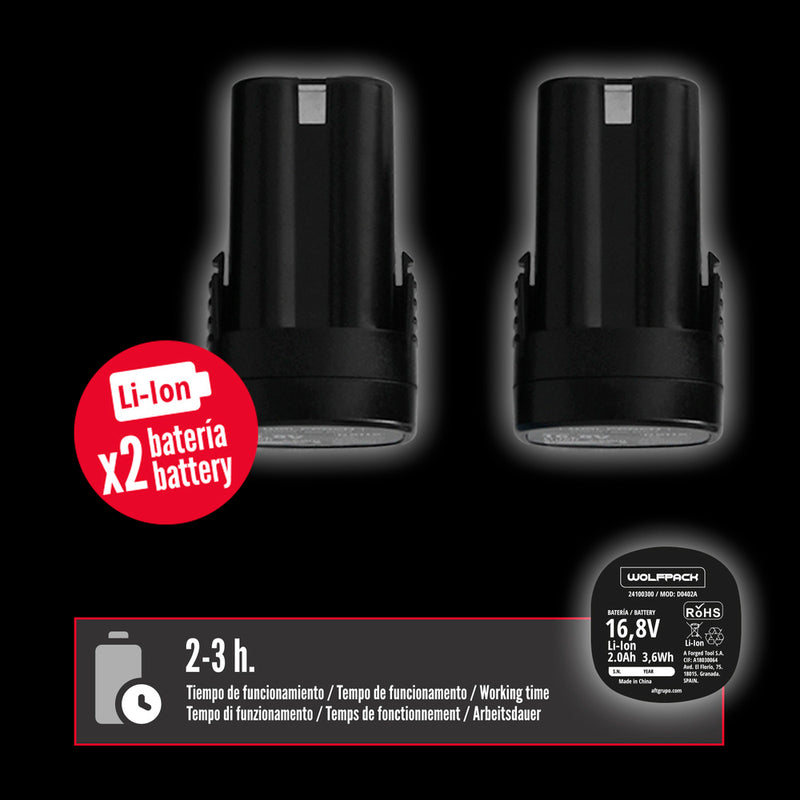 Tijeras podar a batería 16,8 volt. con 2 baterías 2 a/h. mango engomado, ø corte 40 mm. con maletín