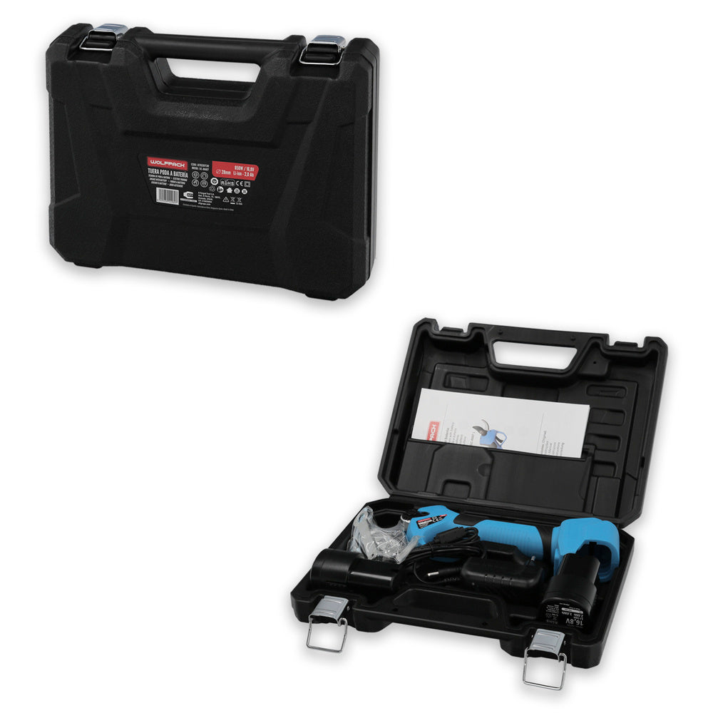 Tijeras podar a batería 16,8 volt. Con 2 baterías 2 a/h. Mango engomado, ø corte 40 mm con maletín