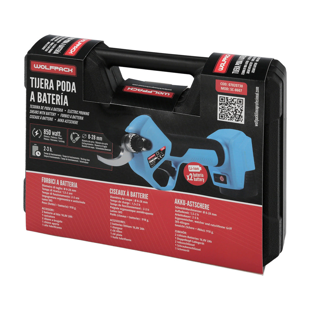 Tijeras podar a batería 16,8 volt. Con 2 baterías 2 a/h. Mango engomado, ø corte 40 mm con maletín