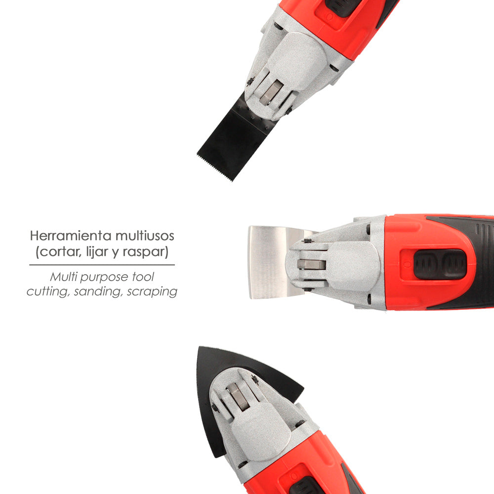 300 W oscillating multifunction tool. With accessories, 23,000 rpm. Variable speed, quick blade change, cutting, sanding