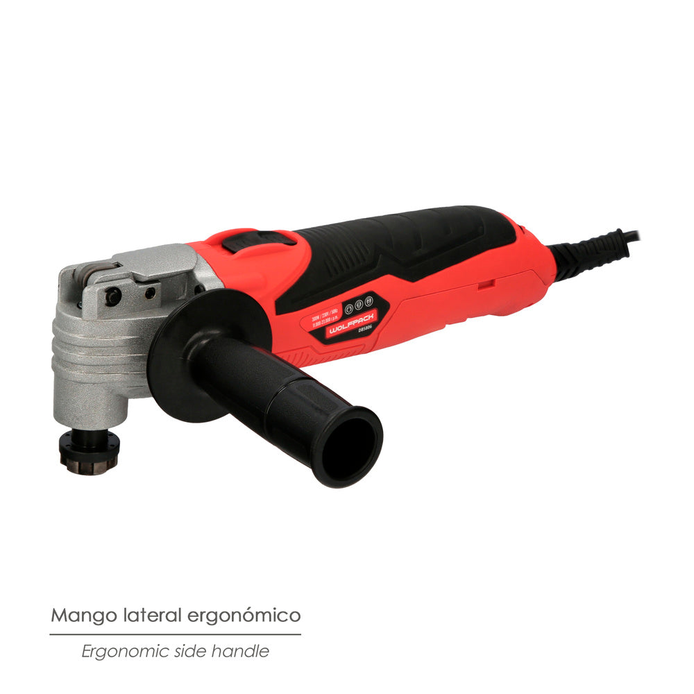 300 W oscillating multifunction tool. With accessories, 23,000 rpm. Variable speed, quick blade change, cutting, sanding