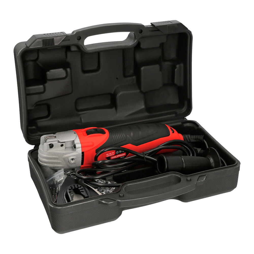 300 W oscillating multifunction tool. With accessories, 23,000 rpm. Variable speed, quick blade change, cutting, sanding