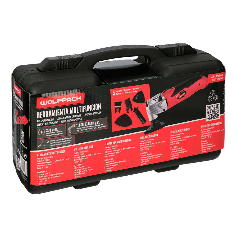 300 W oscillating multifunction tool. With accessories, 23,000 rpm. Variable speed, quick blade change, cutting, sanding