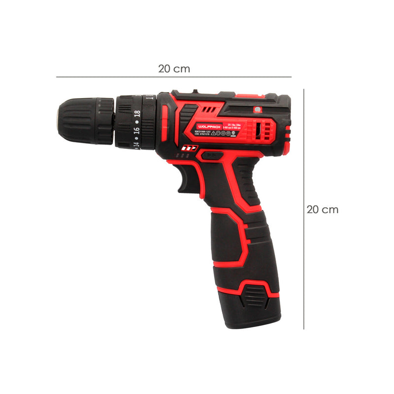 Taladro atornillador 12 v. con 2 velocidades y percutor. batería 1.300 mah. par apriete 35 nm