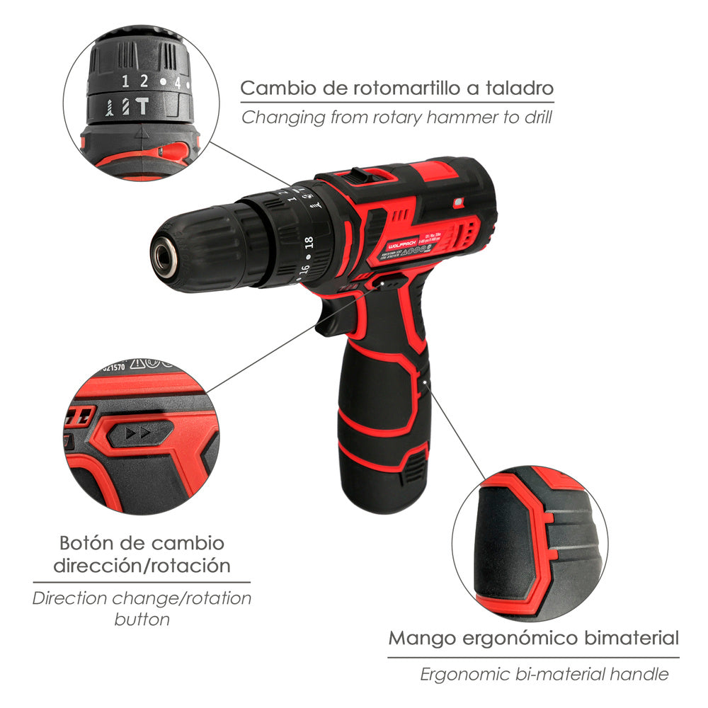 Berbequim Aparafusador 12 V. Com 2 velocidades e percussão. Bateria 1.300 mAh. Binário de aperto 35 Nm.