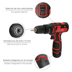 12 V Cordless Hammer Drill. With 2 speeds and percussion. 1,300 mAh battery. 35 Nm torque.