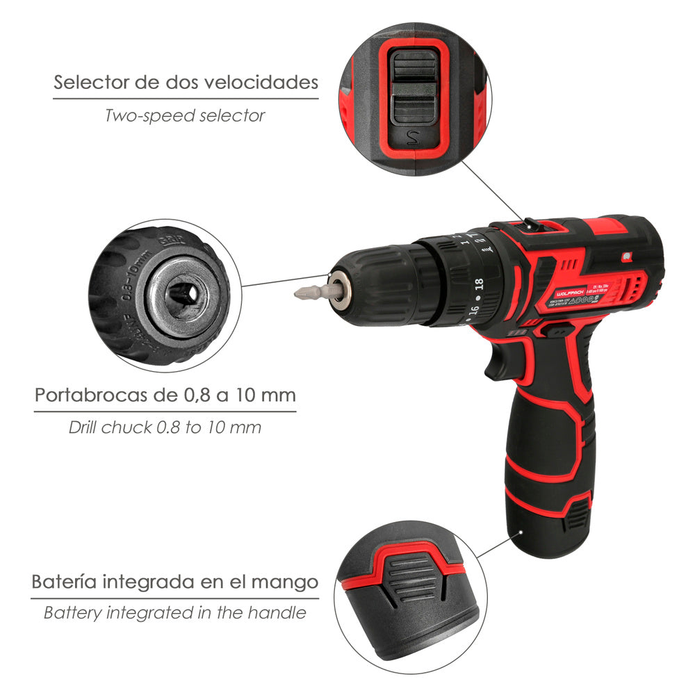 Berbequim Aparafusador 12 V. Com 2 velocidades e percussão. Bateria 1.300 mAh. Binário de aperto 35 Nm.