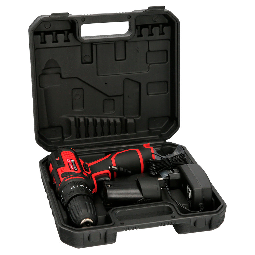 Berbequim Aparafusador 12 V. Com 2 velocidades e percussão. Bateria 1.300 mAh. Binário de aperto 35 Nm.