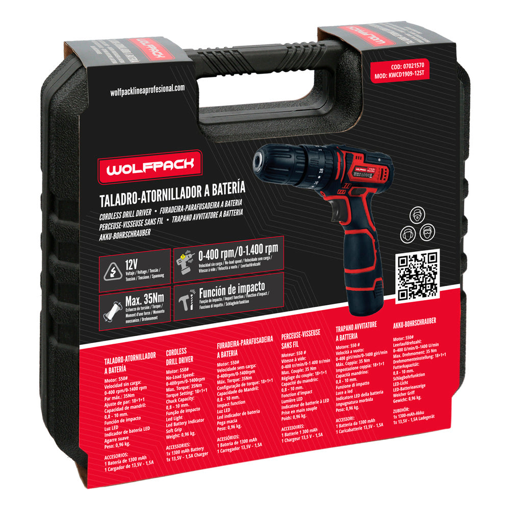 12 V Cordless Hammer Drill. With 2 speeds and percussion. 1,300 mAh battery. 35 Nm torque.