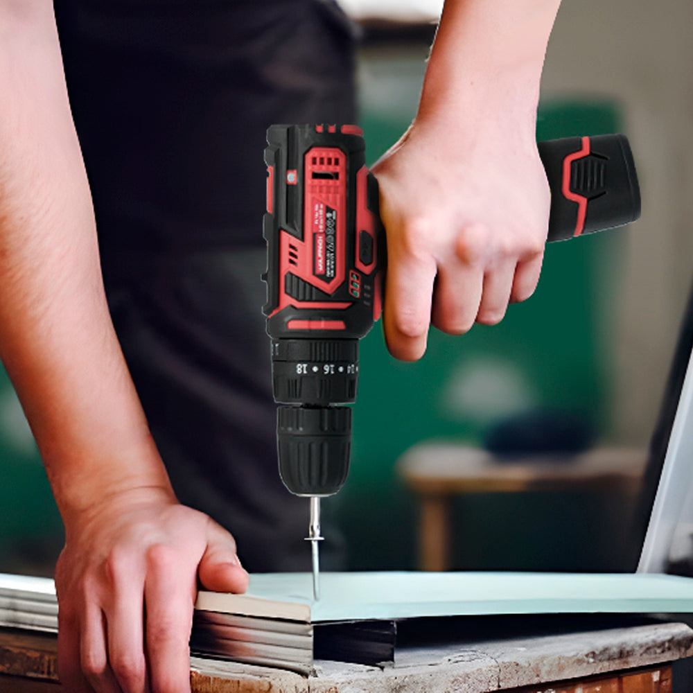 12 V Cordless Hammer Drill. With 2 speeds and percussion. 1,300 mAh battery. 35 Nm torque.