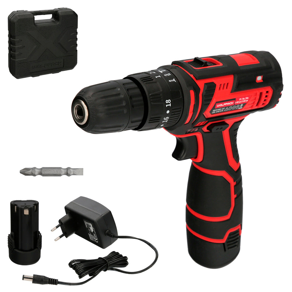 Berbequim Aparafusador 12 V. Com 2 velocidades e percussão. Bateria 1.300 mAh. Binário de aperto 35 Nm.