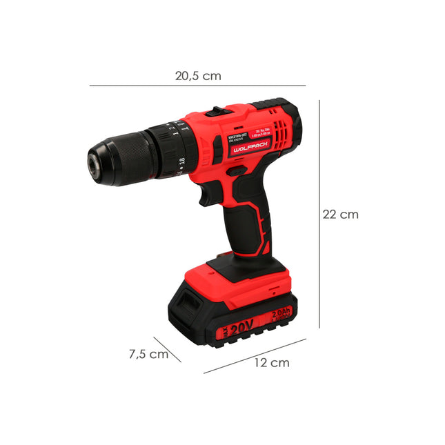 Taladro atornillador 20 v. con 2 velocidades y percutor. batería 2 ah. par apriete 35 nm