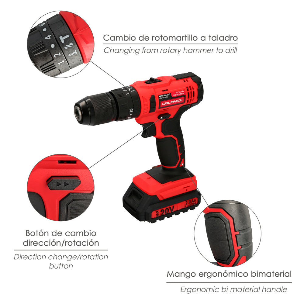 Berbequim aparafusador 20 V. Com 2 velocidades e percussão. Bateria 2 Ah. Torque 35 Nm.