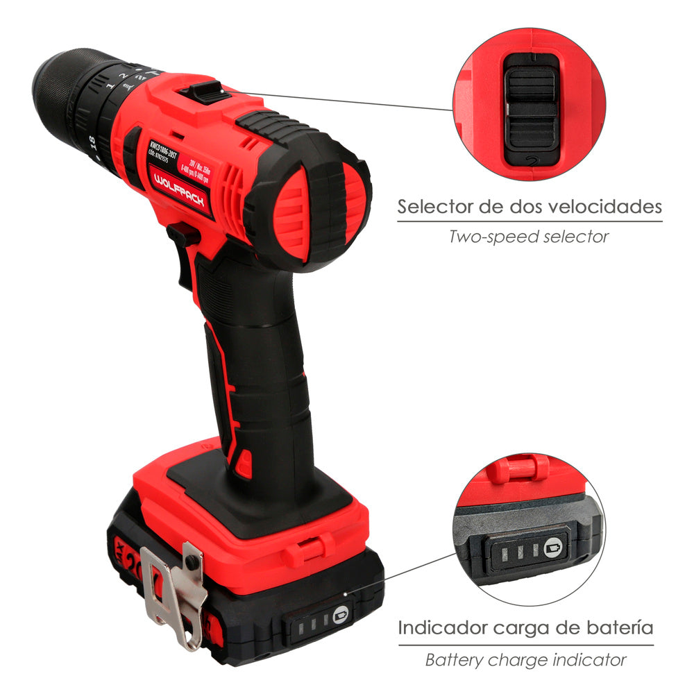 Berbequim aparafusador 20 V. Com 2 velocidades e percussão. Bateria 2 Ah. Torque 35 Nm.