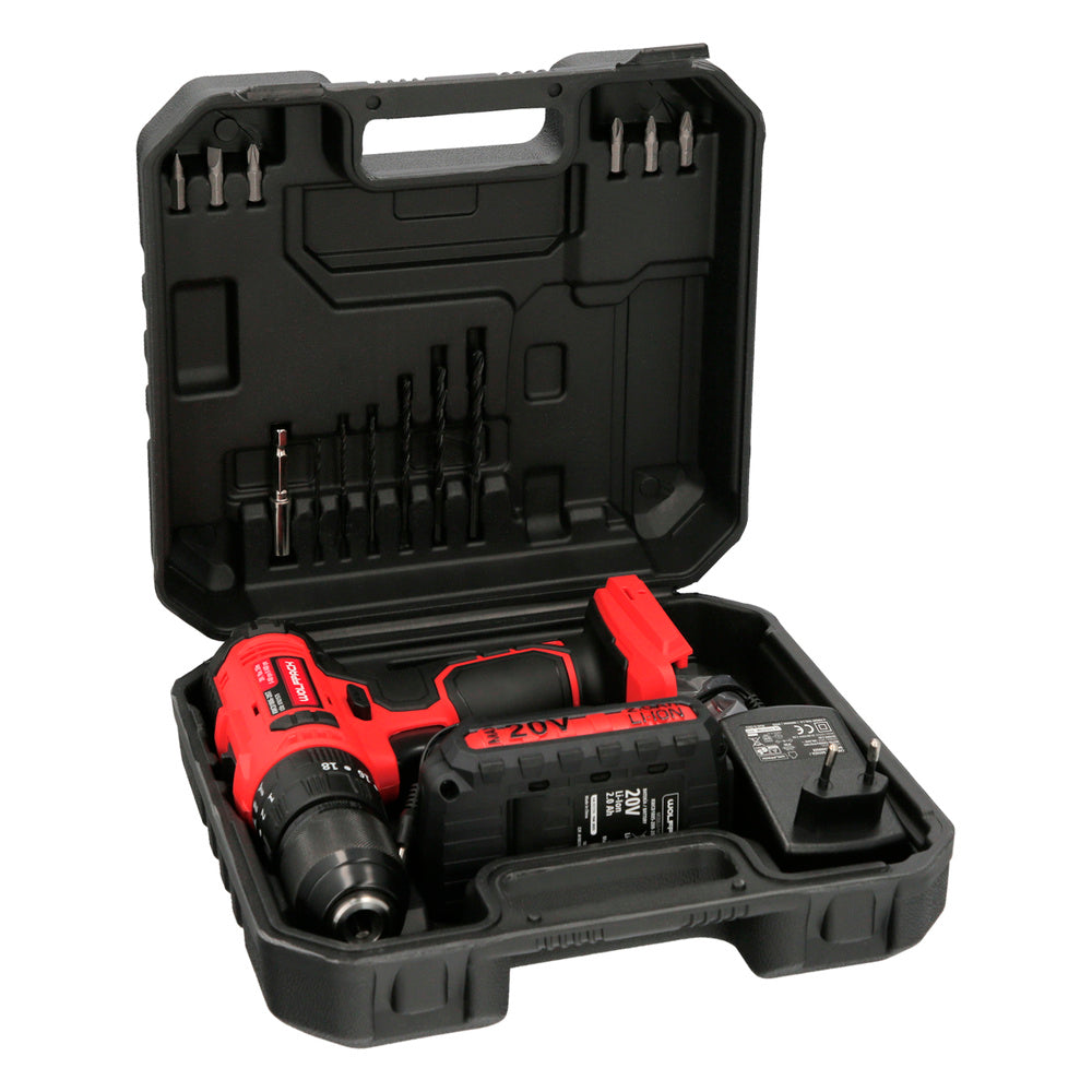 Berbequim aparafusador 20 V. Com 2 velocidades e percussão. Bateria 2 Ah. Torque 35 Nm.