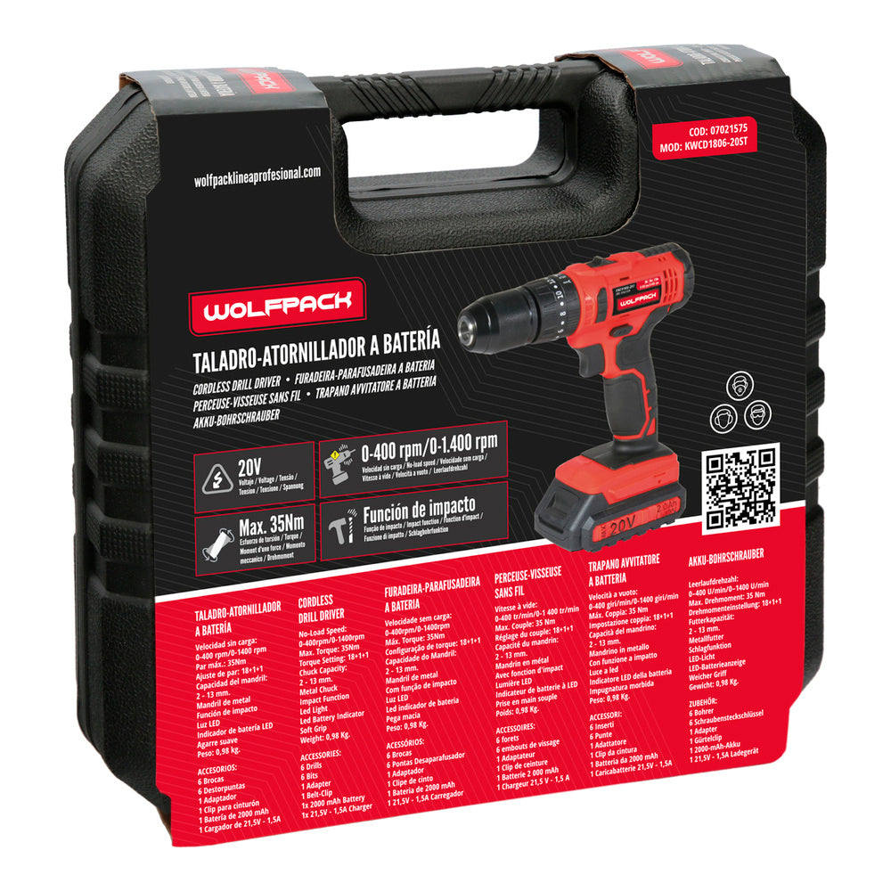 20V Drill Driver with 2 speeds and hammer function. 2 Ah battery. 35 Nm torque.