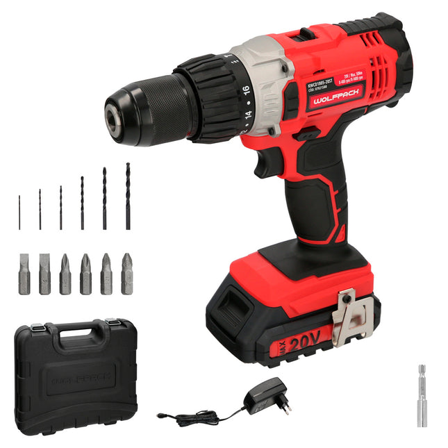 Taladro atornillador 20 v. con 2 velocidades y percutor. batería 2 ah. par apriete 50 nm