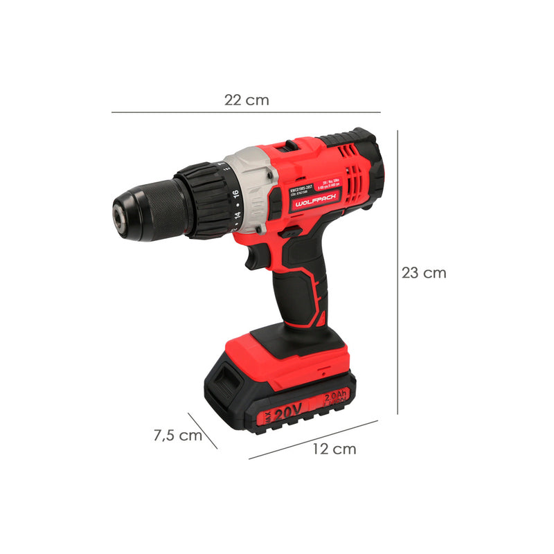 Taladro atornillador 20 v. con 2 velocidades y percutor. batería 2 ah. par apriete 50 nm